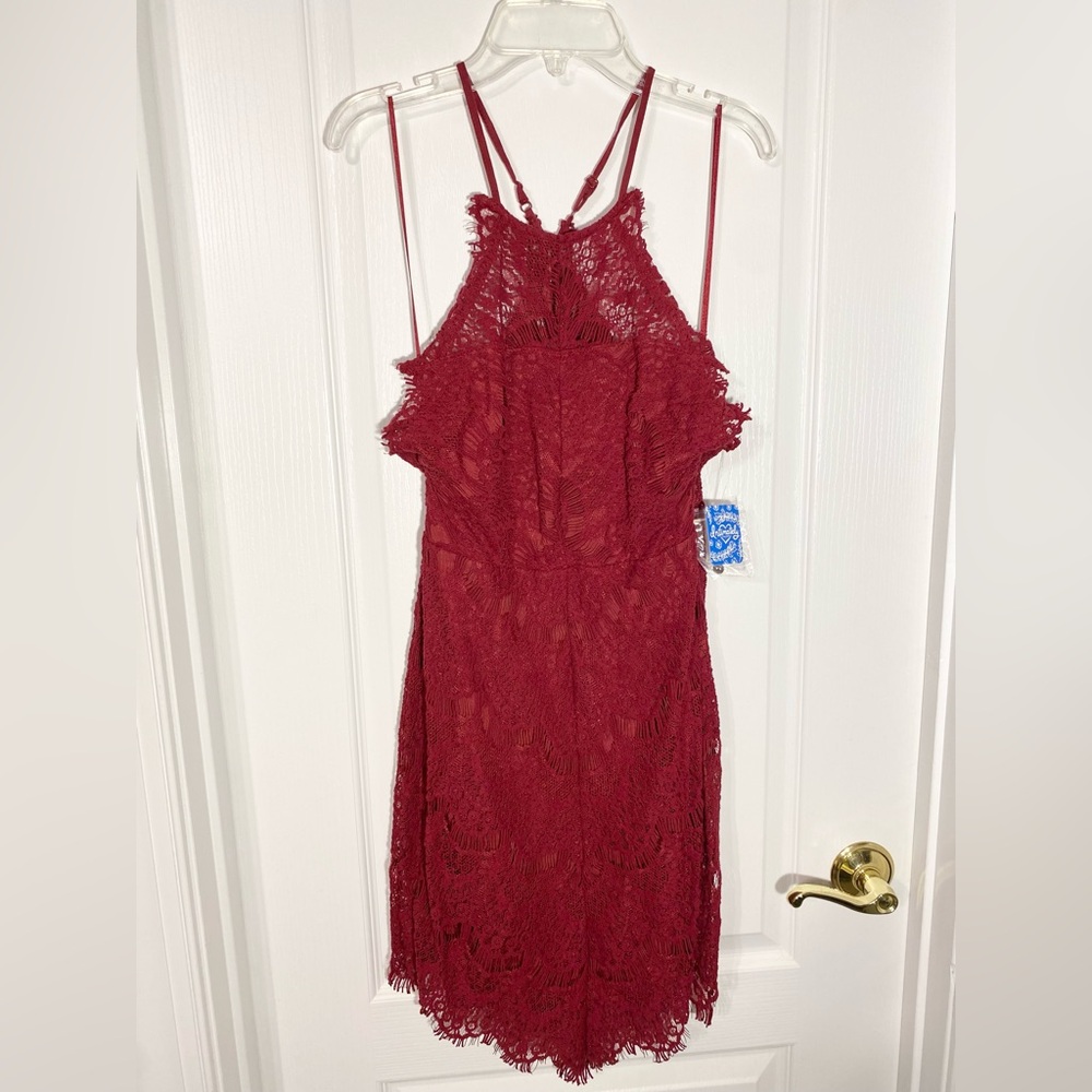 Free People She's Got It Lace Halter Mini Slip Dress Red Size XS